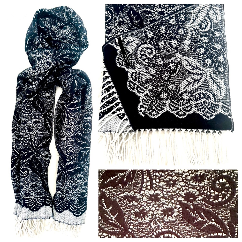 Ann Taylor Elegant Black and White Floral Shawl/Scarf